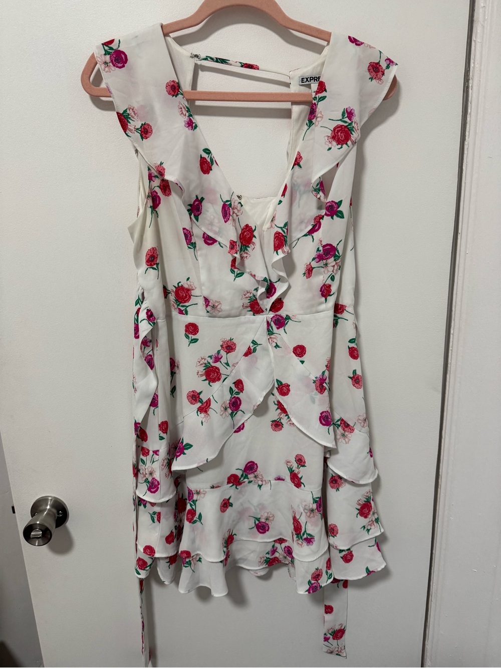 Express White Floral Wrap Dress with Pink & Red Blooms